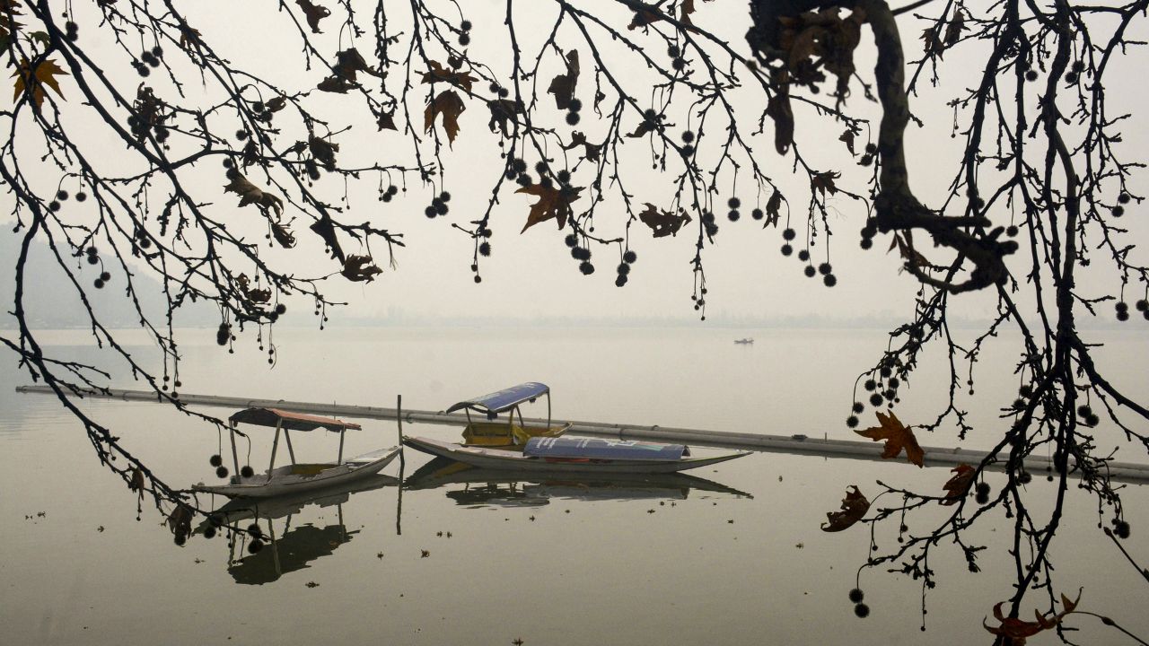  The low visibility made the surrounding landscape, the distant snow-capped mountains, the shikaras (traditional wooden boats), and the willows along the shore appear as faint silhouettes. (In Pic:  Shikaras are seen parked at the Dal Lake on a cold foggy afternoon, in Srinagar on Saturday)