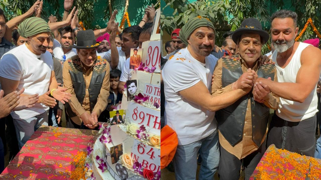 Dharmendra cuts a 7-tier birthday cake as he celebrates with sons Sunny, Bobby