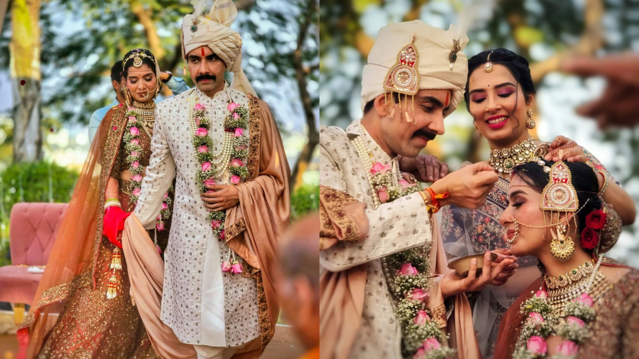 Actor Naveen Kasturia and his bride Shubhanjali Sharma looked bespoke in traditional outfits as the actor applied sindoor to his ladylove and took pheras. Read more
 