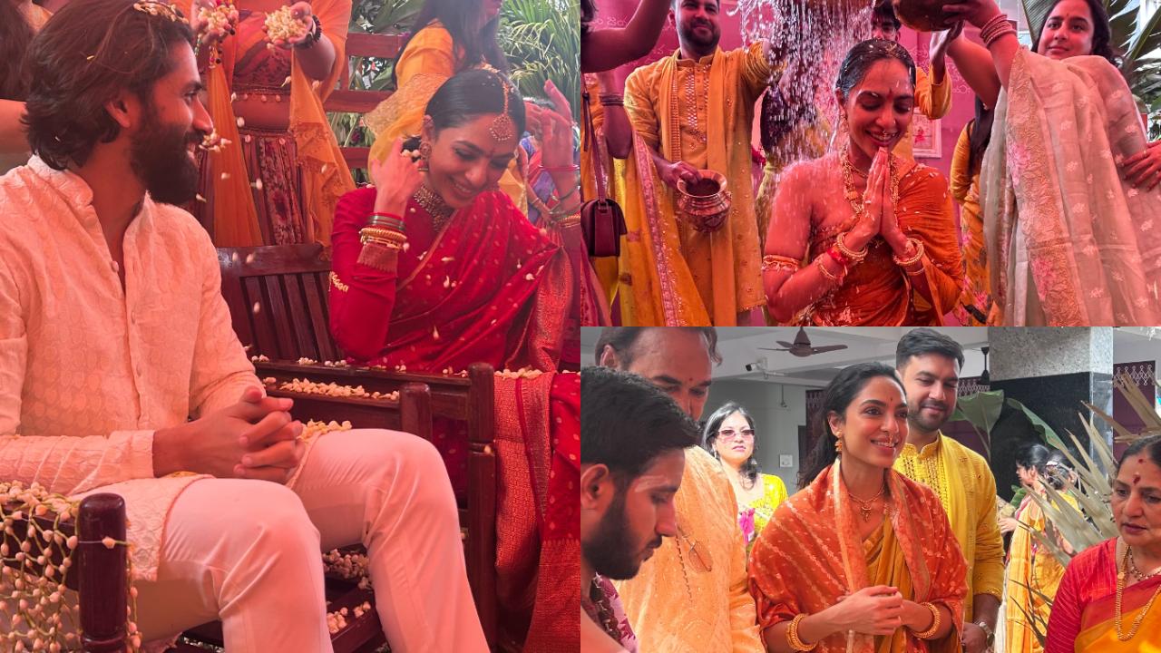 The pictures shared on Instagram show Sobhita Dhulipala wearing a mustard saree and performing the rituals before her haldi ceremony. It is followed by the actress sitting in a tub with water poured on her. Read full story here