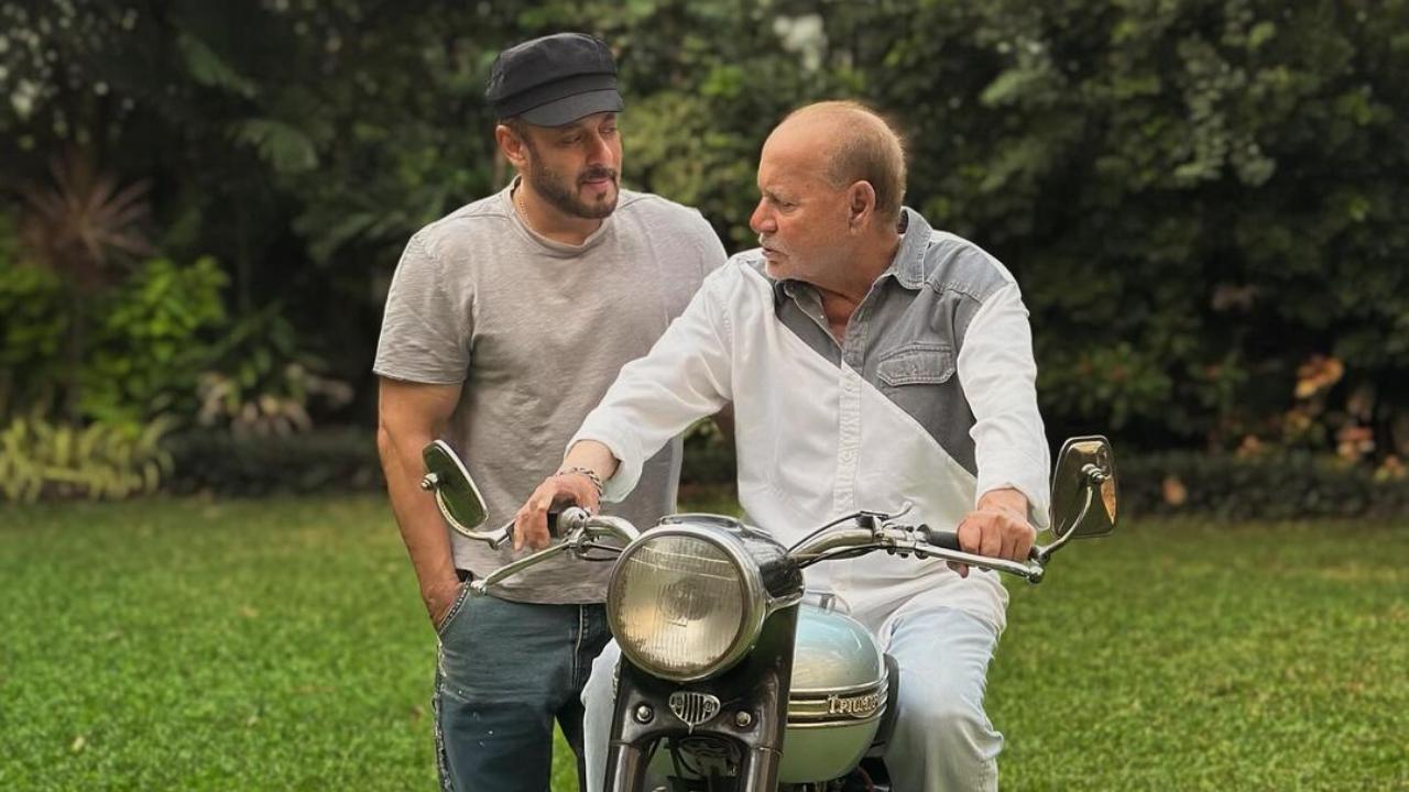 Salman Khan poses with his father's first bike bought in 1956