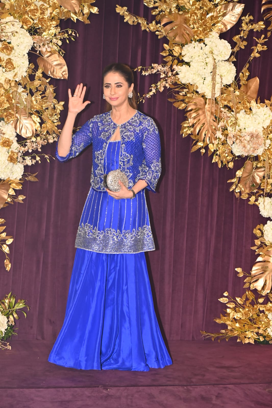 Urmila Matondkar wore a blue sharara paired with a matching kurta and an over-jacket featuring an intricate border and designs