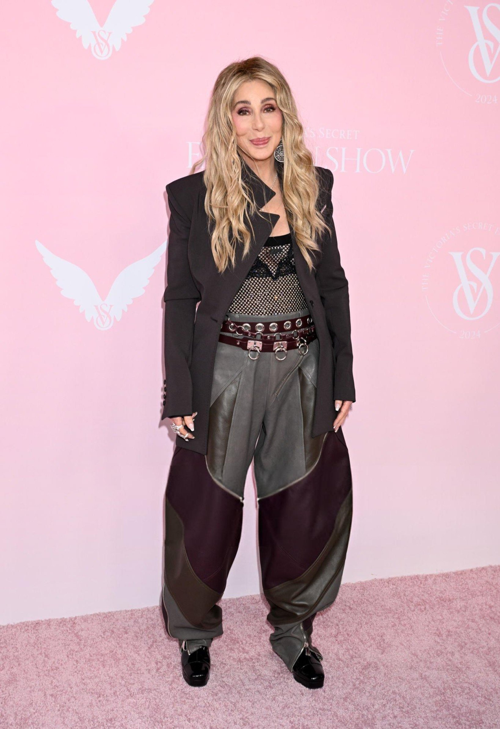 Cher made a bold entrance on the pink carpet, sporting a sleek black blazer by The Attico paired with a daring see-through top and metallic pants from Off-White